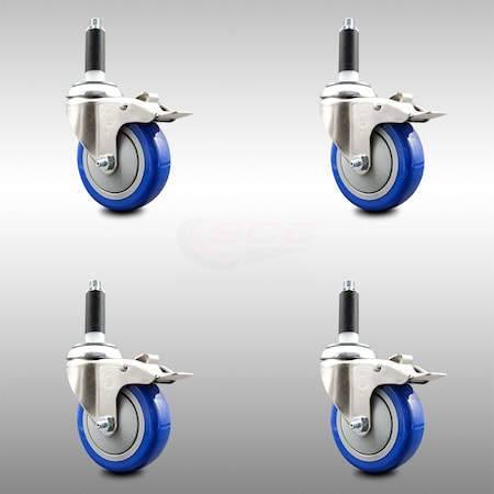 Service Caster 4 Inch 316SS Blue Poly Swivel 7/8 Inch Expanding Stem Caster Set Lock Brake SCC-SS316TTLEX20S414-PPUB-BLUE-78-4